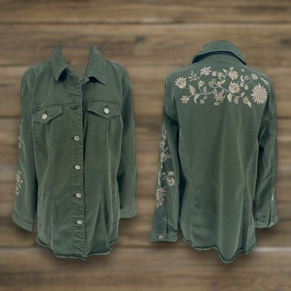 Chico’s Embroidered Green Denim Novelty Juniper Spring Jacket Sz Large 2 Women’s - Picture 1 of 6
